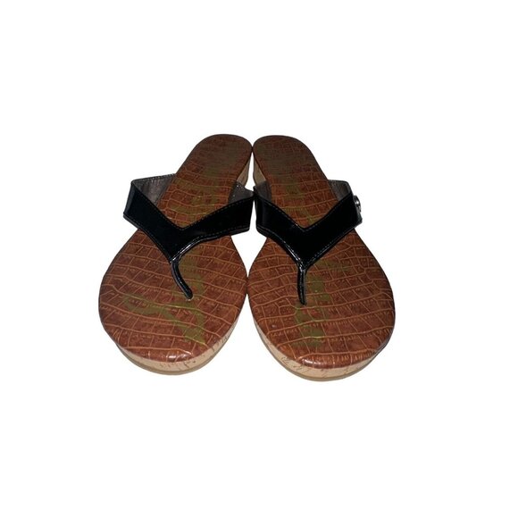 Sam Edelman Tanya Black Faux Patent Leather Thong Cork Wedge Sandals Size 8 - Picture 2 of 9